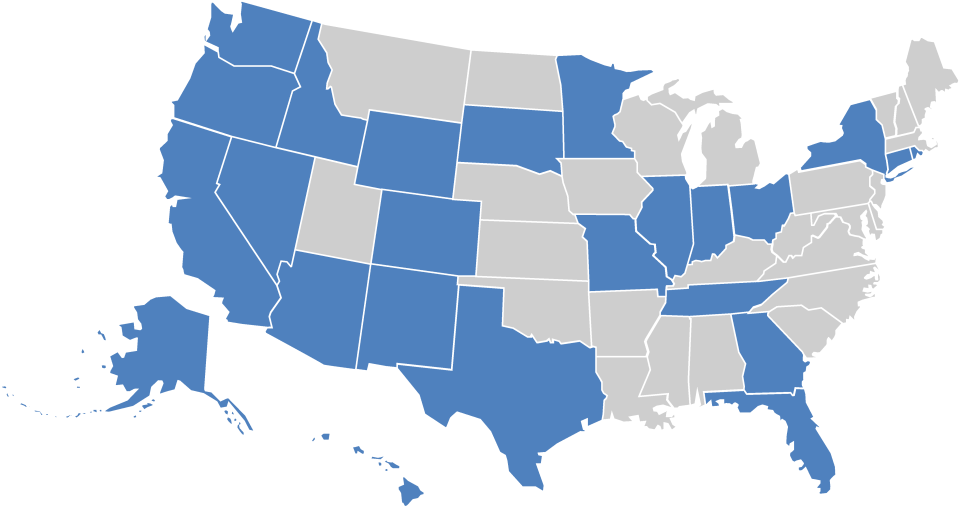 map of the U.S. with 24 states highlighted where service is available