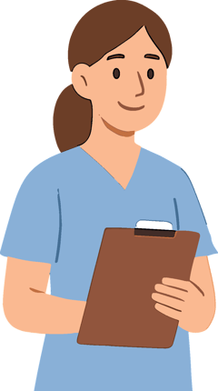a drawn flat image of a nurse smiling while holding a chart