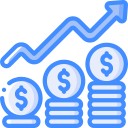 a graph with an inclining arrow with stacks of coins beneath it