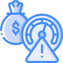 blue icon of a money bag with an exclamation point